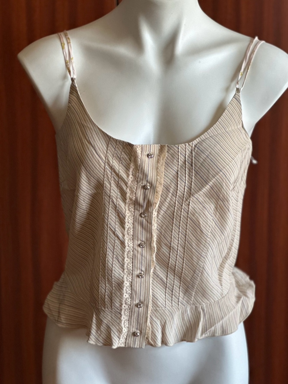 NWT Lance 100% Silk  top.  lace trim and button front, cream & tan striped s S